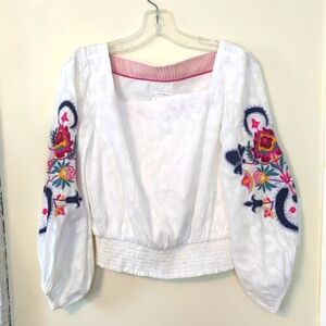 Anthropologie Floral Embroidered Puff Sleeve Top NWT